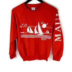 Vtg 80's Maui Hawaii Spell Out Youth Large/Woman's XS Sail Boat Crewneck Sweater